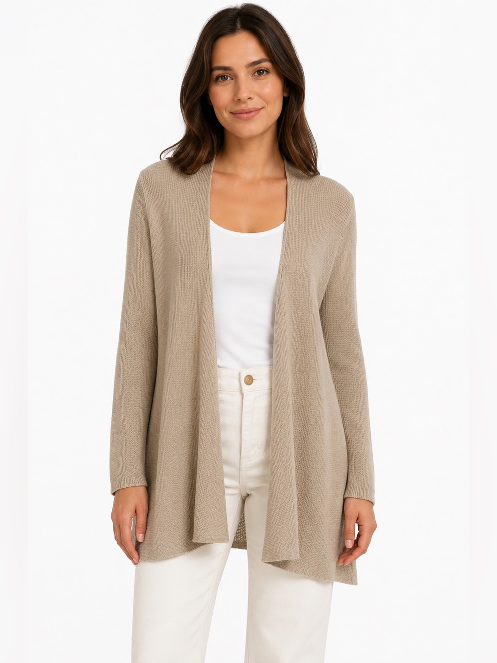 Eileen Fisher Women's L 100% Linen Light Taupe Open-Front Cardigan Sweater